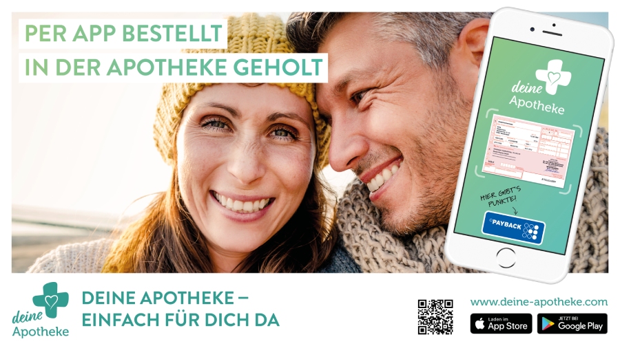 Deine Apotheken-App und zwei lachende Menschen